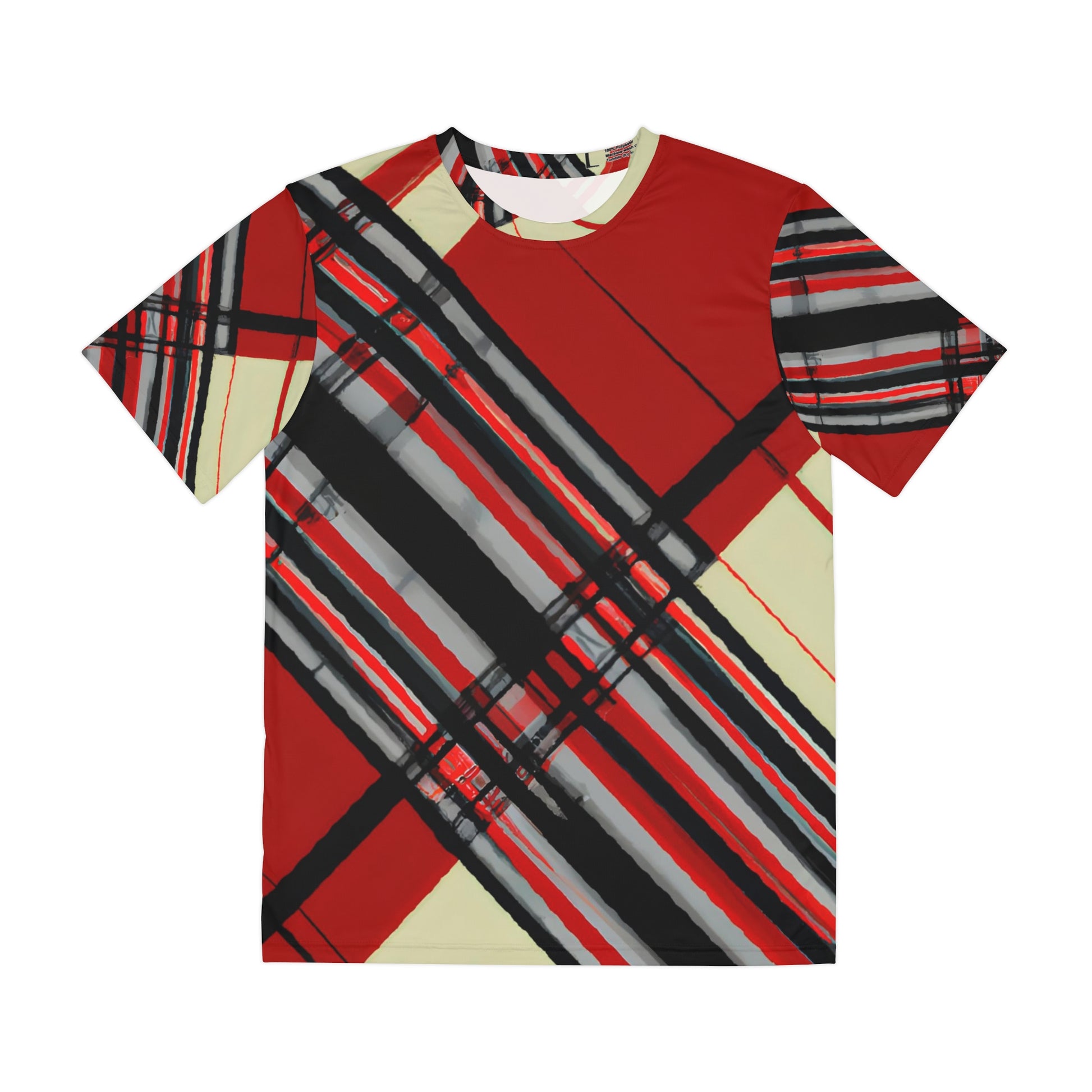 Front view of the Highland Lancer Veil Crewneck Pullover All-Over Print Short-Sleeved Shirt red black gray beige plaid pattern 