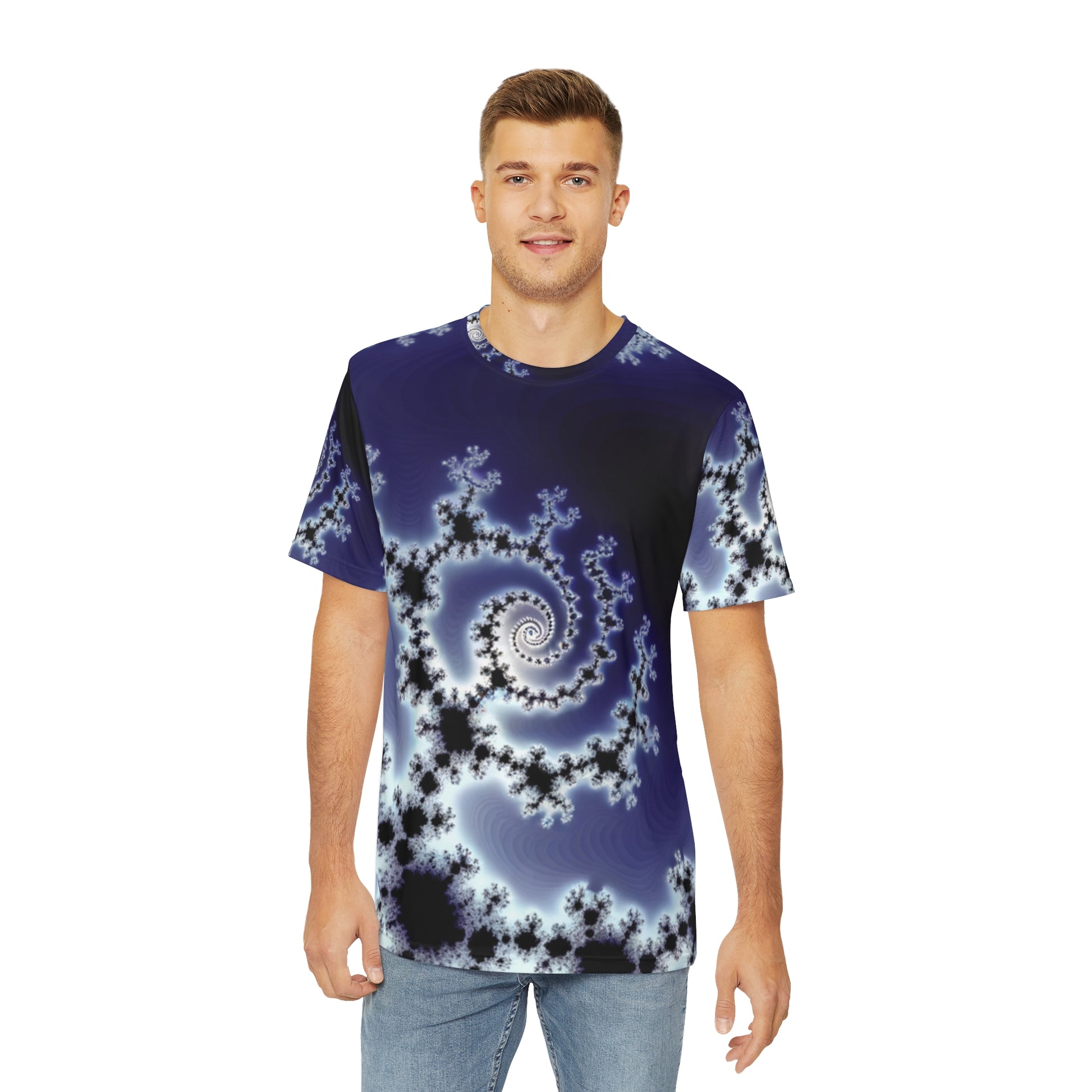 Front view of the Celestial Fractal Elegance Crewneck Pullover All-Over Print Short-Sleeved Shirt purple black white fractal pattern paired with casual denim pants worn by a white man