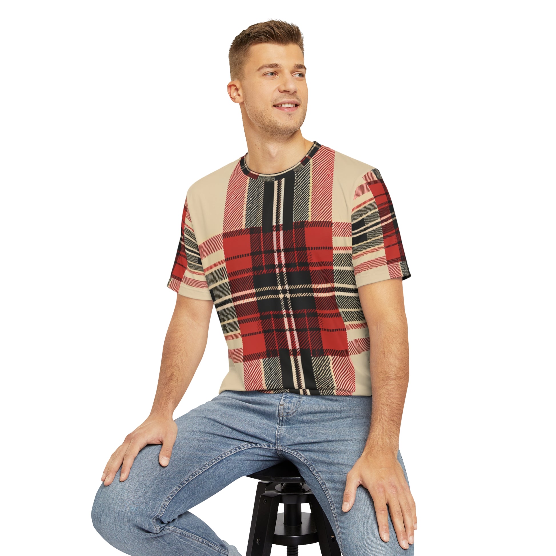 Front view of the Autumn Elegance Tartan Crewneck Pullover All-Over Print Short-Sleeved Shirt red black and beige background plaid pattern paired with casual denim pants worn by a white man sitting on a stool chair