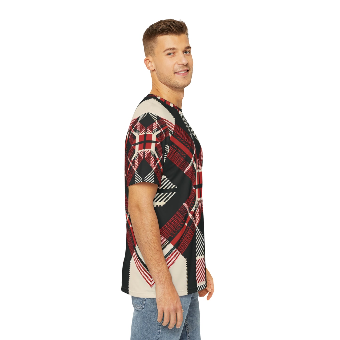 Side view of the Highland Matrix Tartan Crewneck Pullover All-Over Print Short-Sleeved Shirt red black beige plaid print paired with casual denim pants worn by a white man