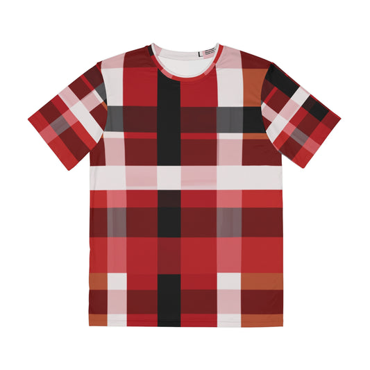 Front view of the Edinburgh Ember Radiance Crewneck Pullover Short-Sleeved Shirt red white black yellow plaid pattern