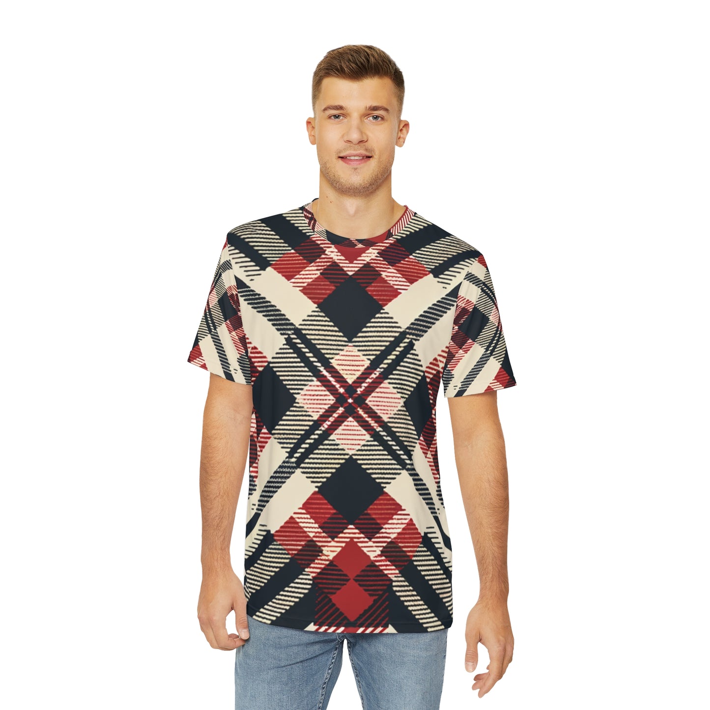 Front view of the Crimson Crosshatch Elegance Crewneck Pullover All-Over Print Short-Sleeved Shirt red black beige plaid print paired with casual denim pants worn by white man