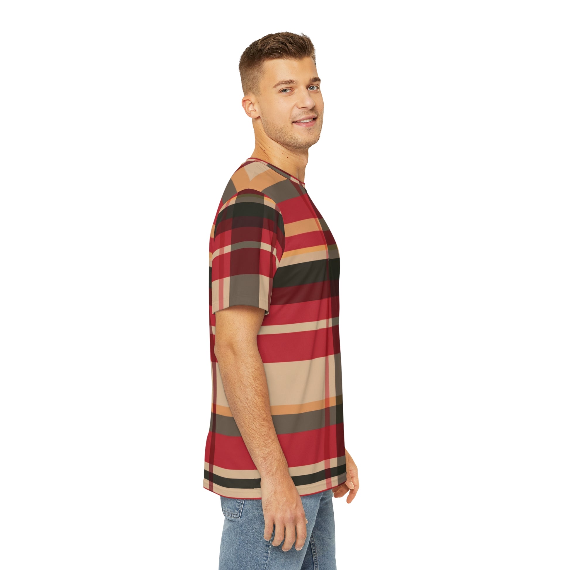 Side view of the McCloud Mist Tartan Crewneck Pullover Short-Sleeved All-Over Print Shirt red black and beige plaid pattern worn by a white male paired with casual denim jeans