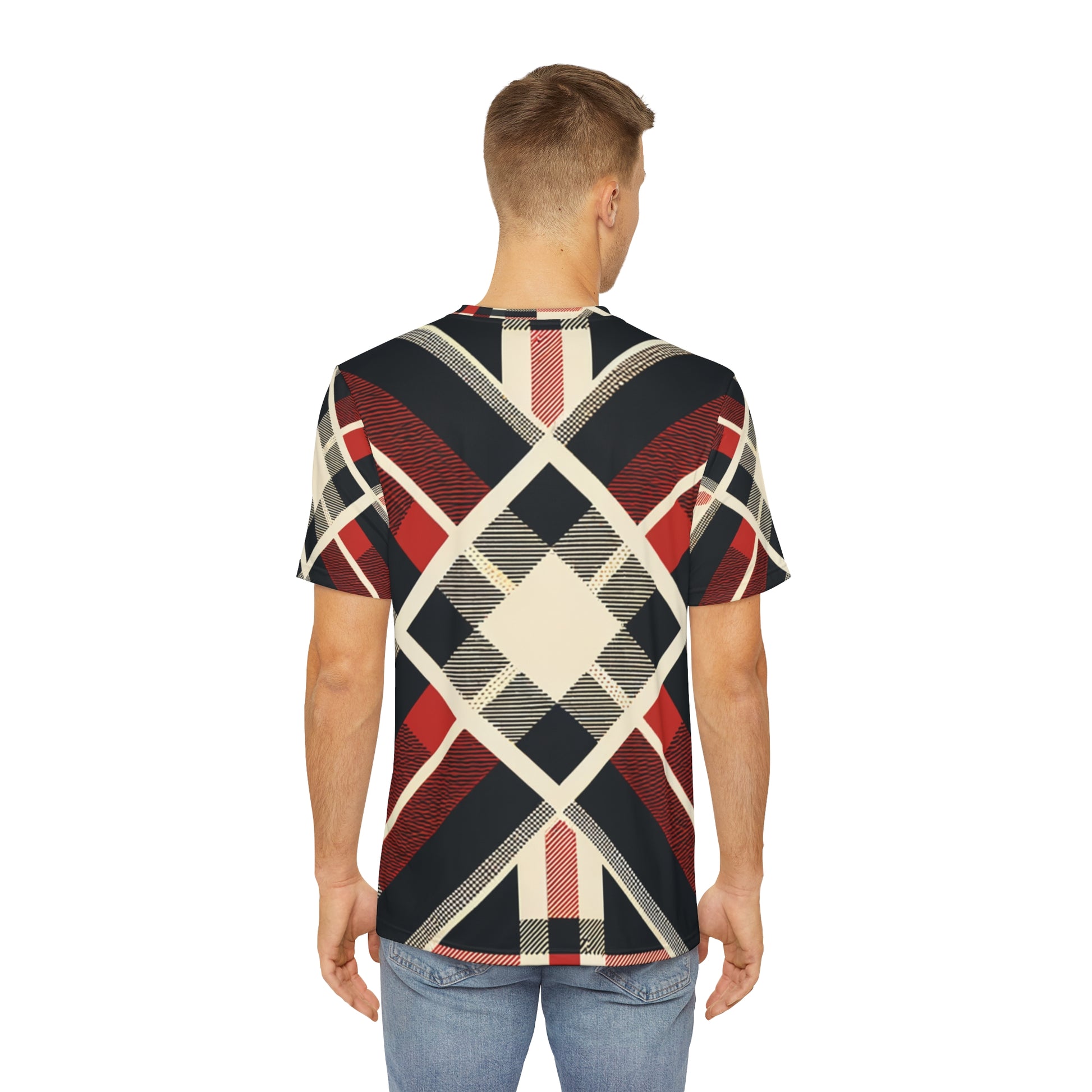 Back view of the Metropolitan Tartan Fusion Crewneck Pullover All-Over Print Short-Sleeved Shirt black red beige plaid pattern paired with casual denim pants worn by a white man