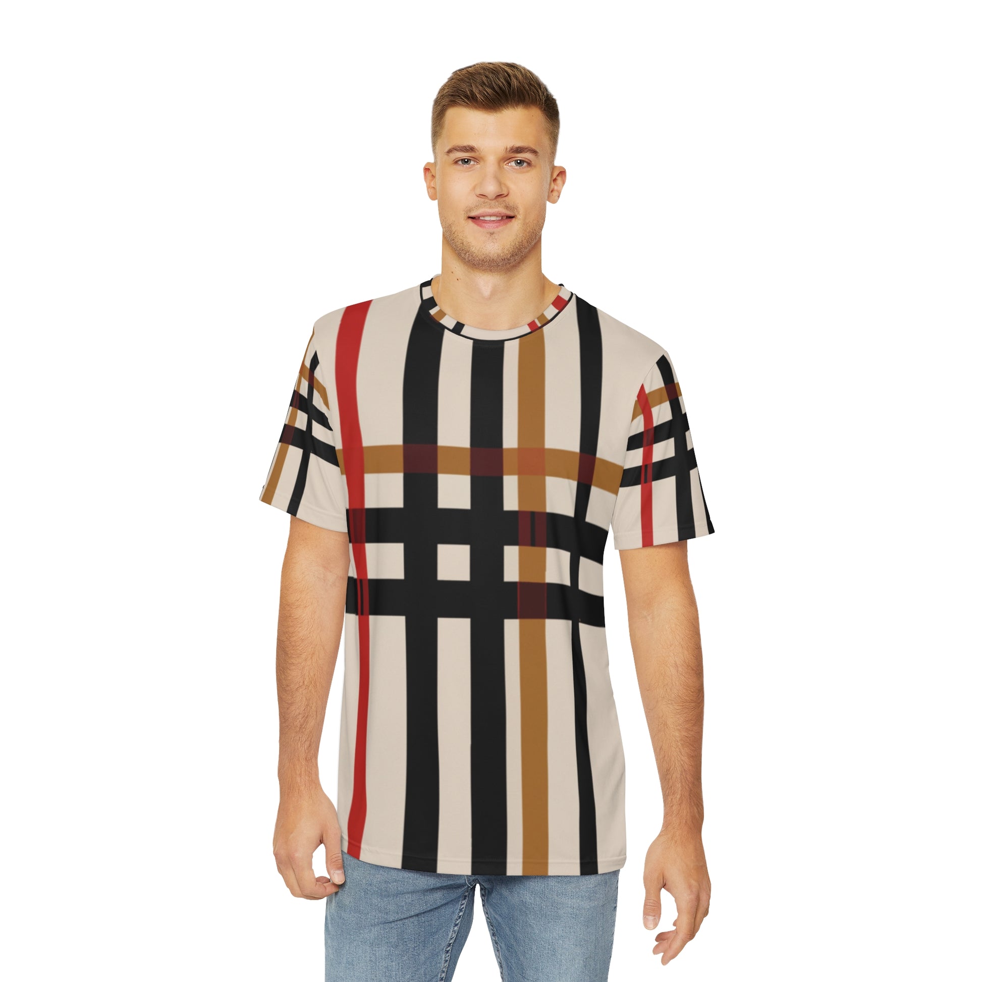 Front view of the Highland Ember Dawn Crewneck Pullover All-Over Print Short-Sleeved Shirt black red mustard yellow beige plaid pattern paired with casual denim jeans worn by white man