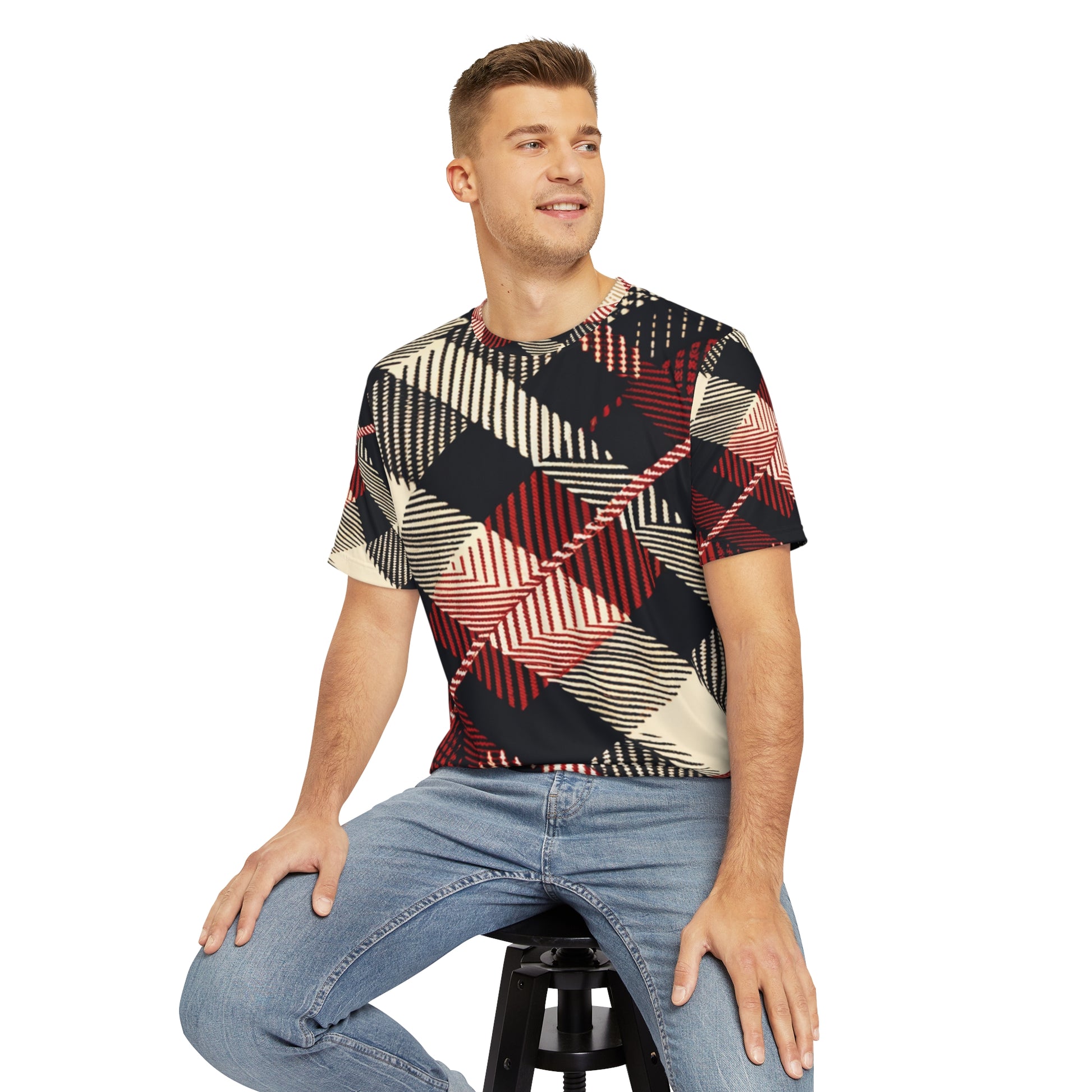 Front view of the Crimson Houndstooth Cascade Crewneck Pullover All-Over Print Short-Sleeved Shirt paired with casual denim pants worn by a white man sitting on a stool chair
