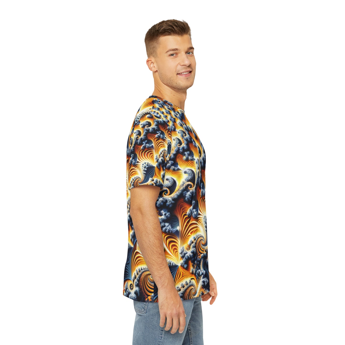 Side view of the Celestial Spirals & Waves Crewneck Pullover All-Over Print Short-Sleeved Shirt yellow blue black white orange celestial pattern paired with casual denim pants worn by a white man