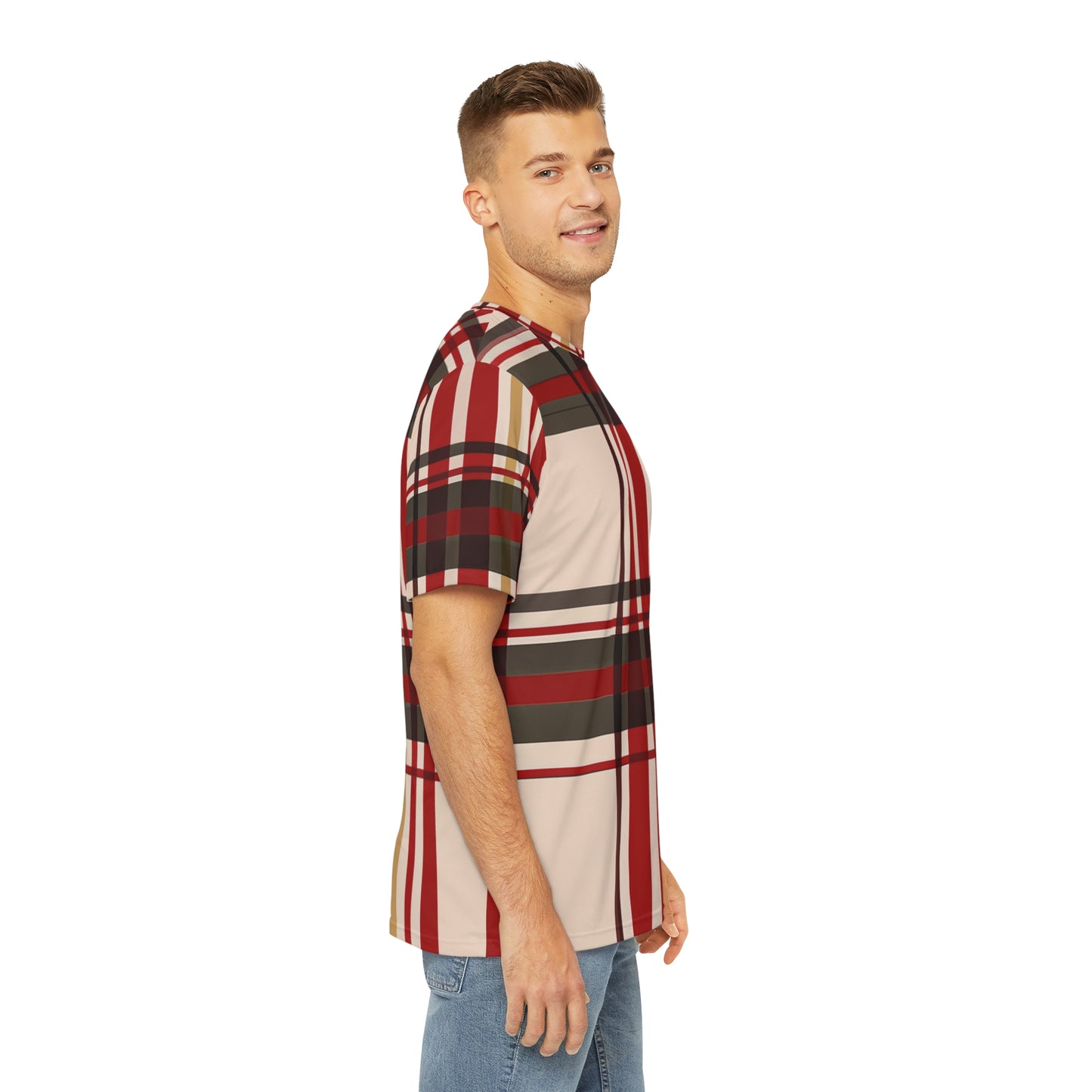 Side view of the Highland Ebony Ember Tartan Crewneck Pullover All-Over Print Short-Sleeved Shirt white black yellow plaid pattern paired with casual denim pants worn by a white man