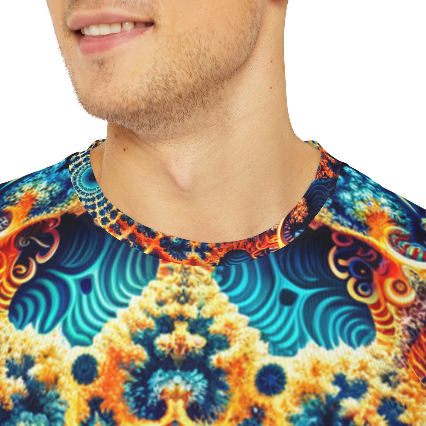 Close-up shot of the Azurite Mandala Bloom Crewneck Pullover All-Over Print Short-Sleeved Shirt blue yellow red white mandala pattern worn by a white man
