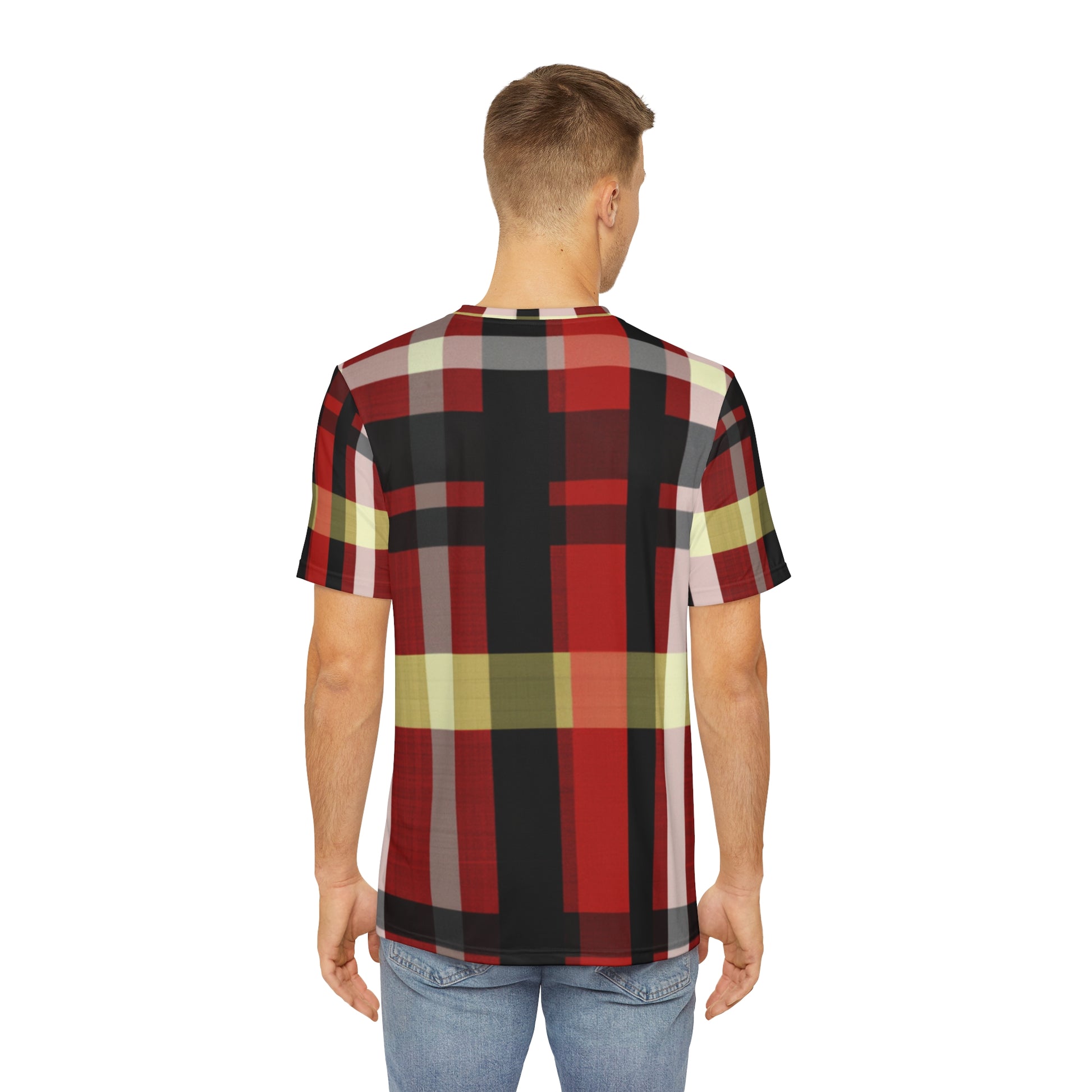 Back view of the Highlander's Dawn Tartan Crewneck Pullover Short-Sleeved Shirt red black white yellow plaid pattern paired  with casual denim pants worn by a white man