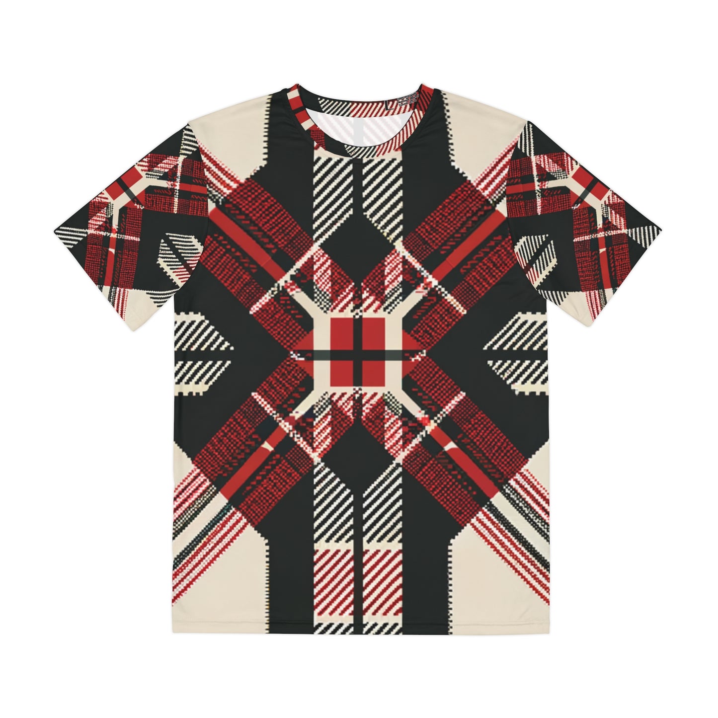 Front view of the Highland Matrix Tartan Crewneck Pullover All-Over Print Short-Sleeved Shirt red black beige plaid print 