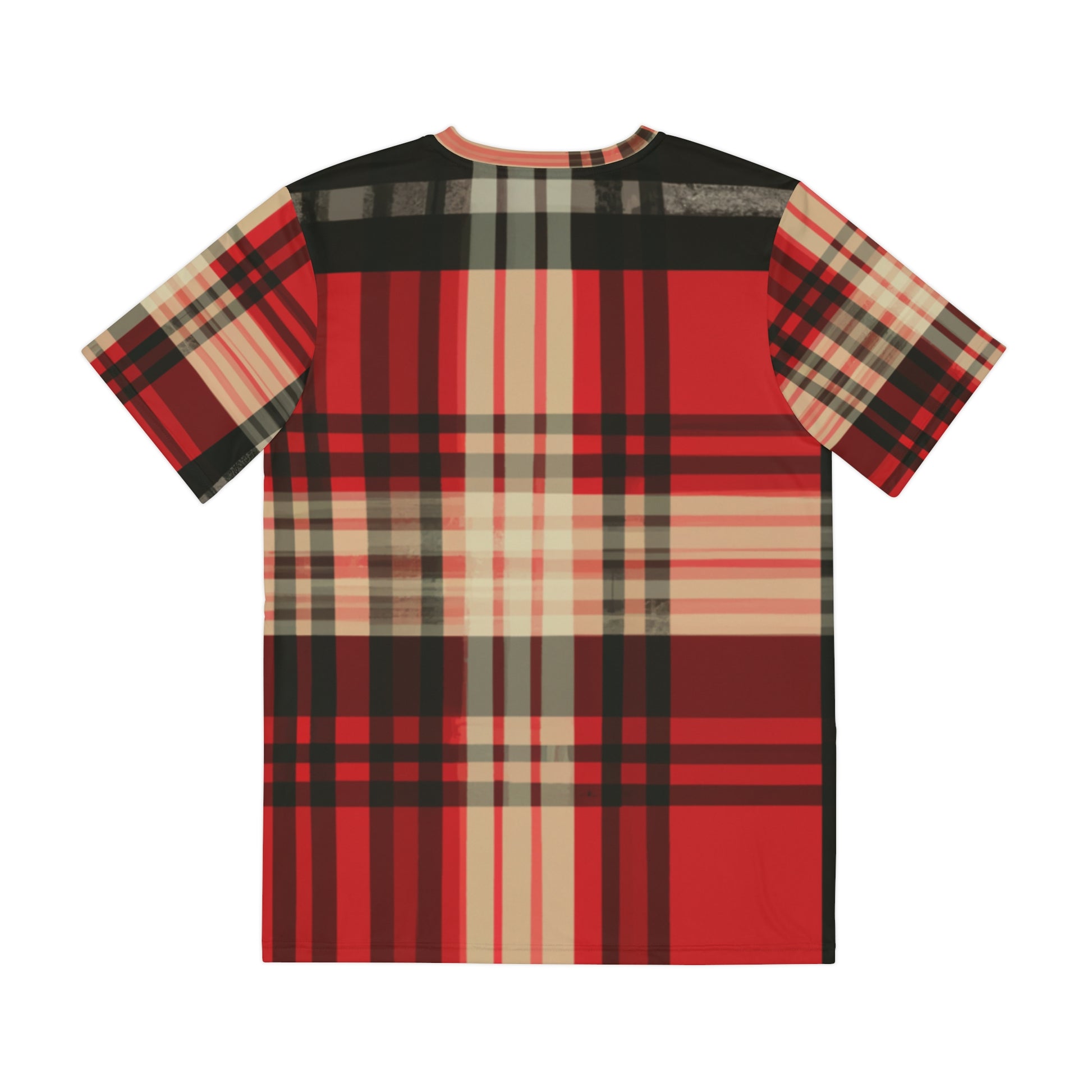 Back view of the Highland Blaze Sonata Tartan Crewneck Pullover All-Over Print Short-Sleeved Shirt black red beige background plaid pattern