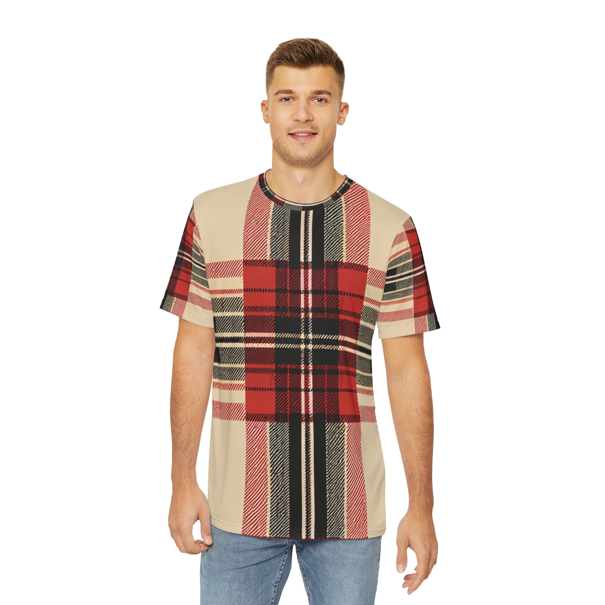 Front view of the Autumn Elegance Tartan Crewneck Pullover All-Over Print Short-Sleeved Shirt red black and beige background plaid pattern paired with casual denim pants worn by a white man