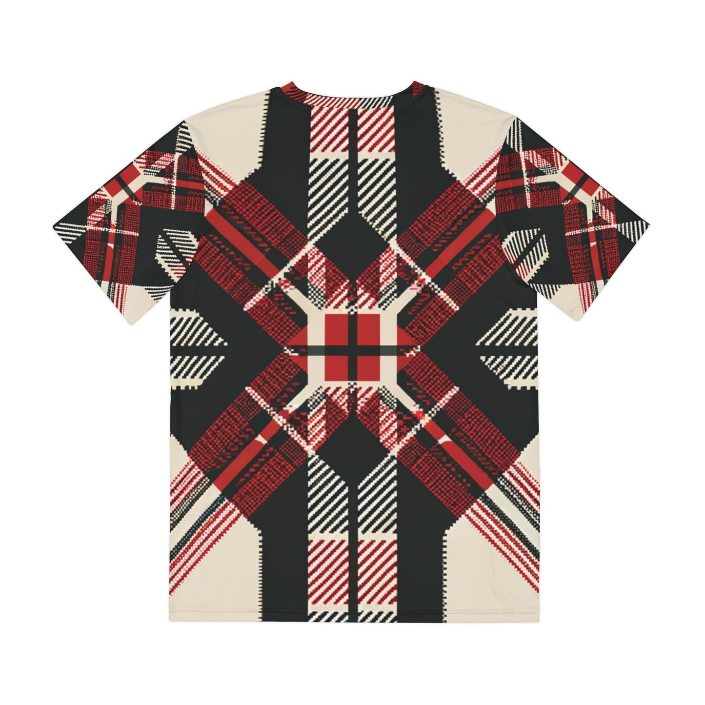 Back view of the Highland Matrix Tartan Crewneck Pullover All-Over Print Short-Sleeved Shirt red black beige plaid print 