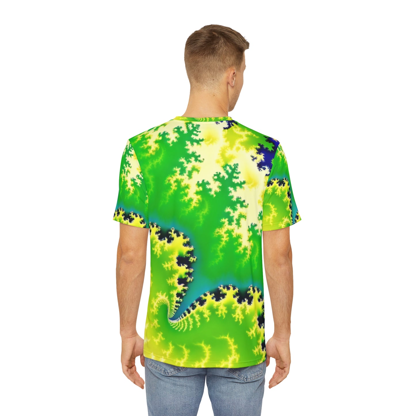 Back view of the Psychedelic Serpentine Fractal Fusion Crewneck Pullover All-Over Print Short-Sleeved Shirt green yellow blue black psychedelic pattern paired with casual denim pants worn by a white man