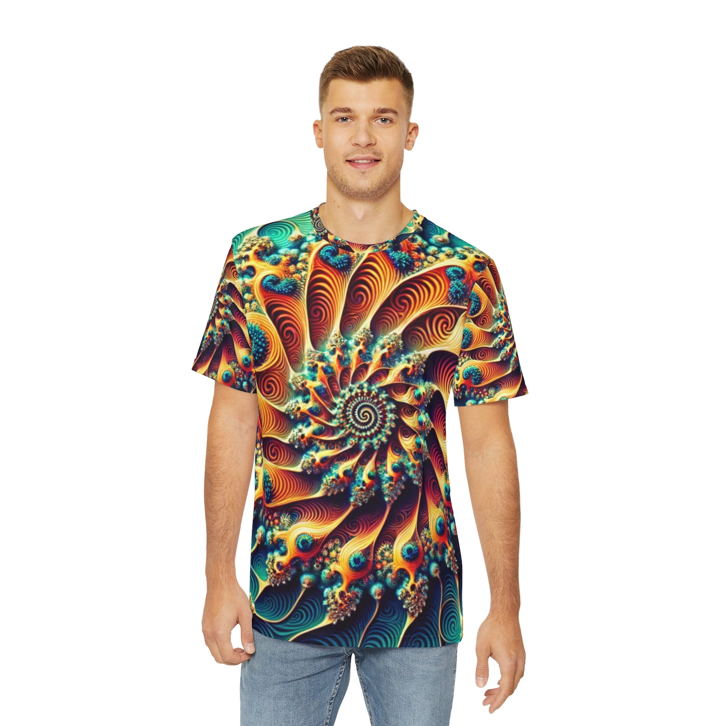 Front view of the Aquatic Hypnotica Spiral Crewneck Pullover All-Over Print Short-Sleeved Shirt blue green yellow orange red white blue spiral pattern paired with casual denim pants worn by a white man