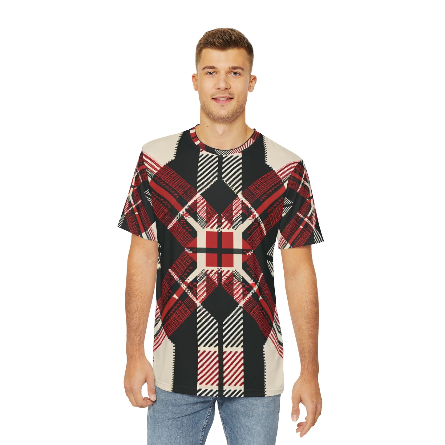 Front view of the Highland Matrix Tartan Crewneck Pullover All-Over Print Short-Sleeved Shirt red black beige plaid print paired with casual denim pants worn by a white man