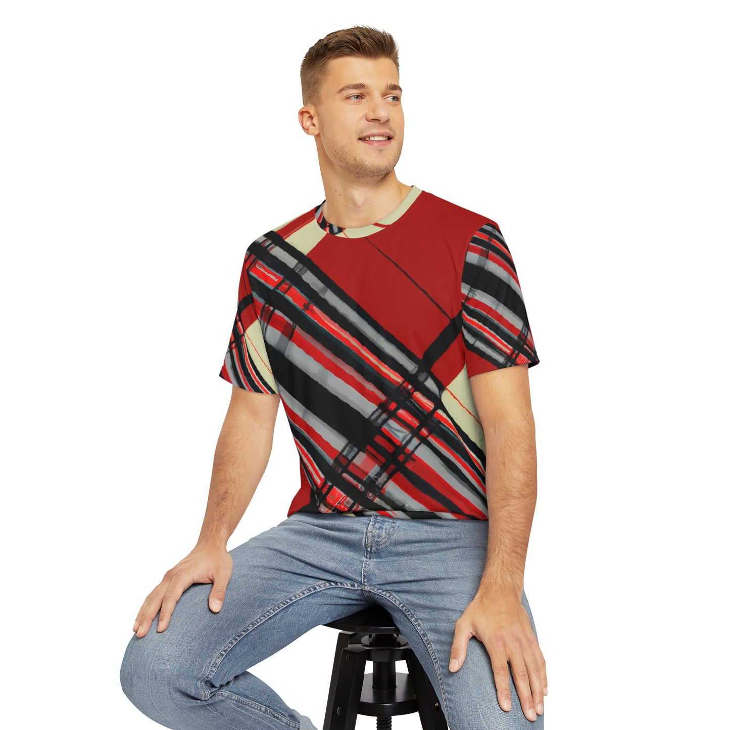 Front view of the Highland Lancer Veil Crewneck Pullover All-Over Print Short-Sleeved Shirt red black gray beige plaid pattern paired with casual denim pants worn by a white man sitting on a stool chair