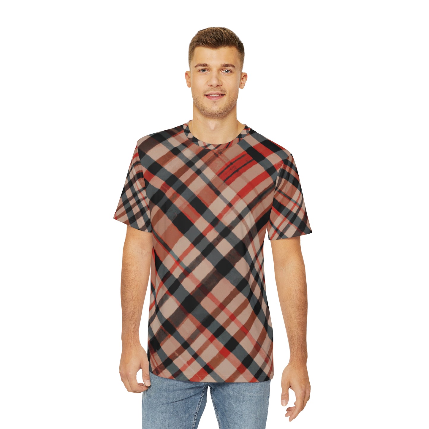 Front view Highland Ember Clash Crewneck Pullover All-Over Print Short-Sleeved Shirt red black beige brown plaid pattern paired with casual denim pants worn by a white man