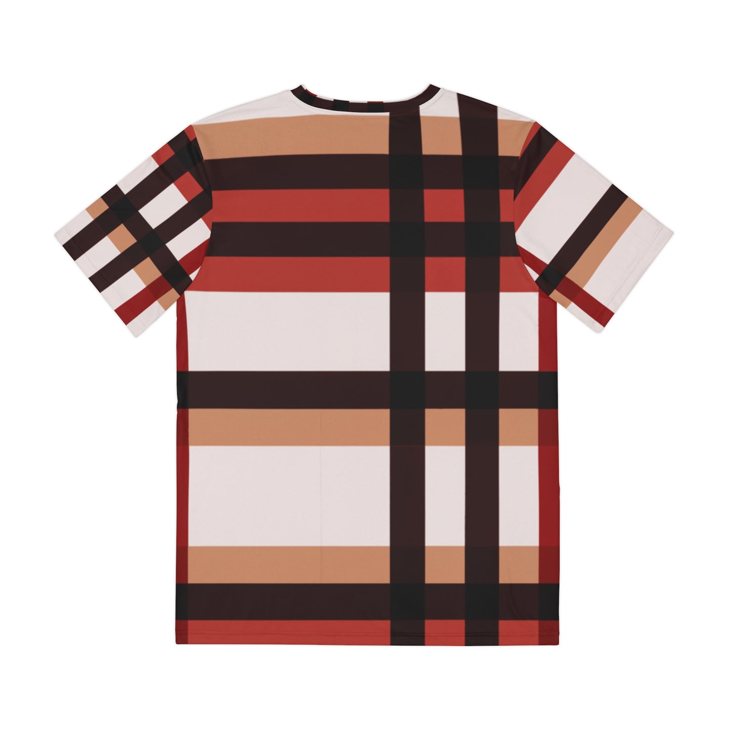 Back view of the Highlander's Array Crewneck Pullover All-Over Print Short-Sleeved Shirt white red black beige plaid pattern