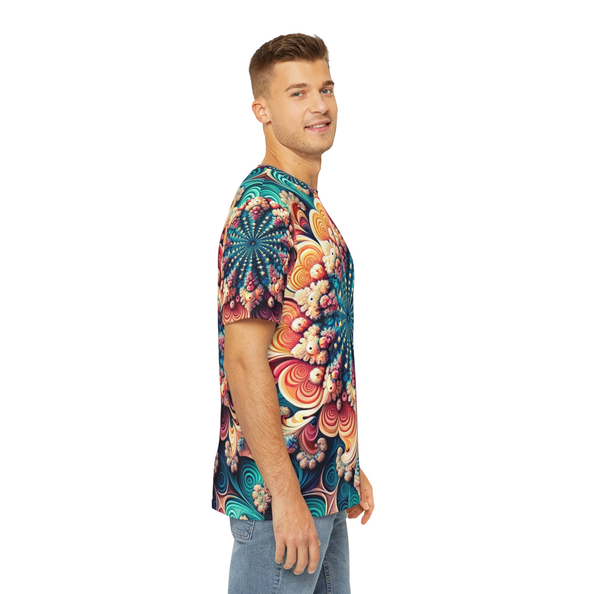 Side view of the Coral Mandala Whirl Pattern Crewneck Pullover All-Over Print Short-Sleeved Shirt black red  orange yellow blue mandala swirl pattern paired with casual denim pants worn by a white man