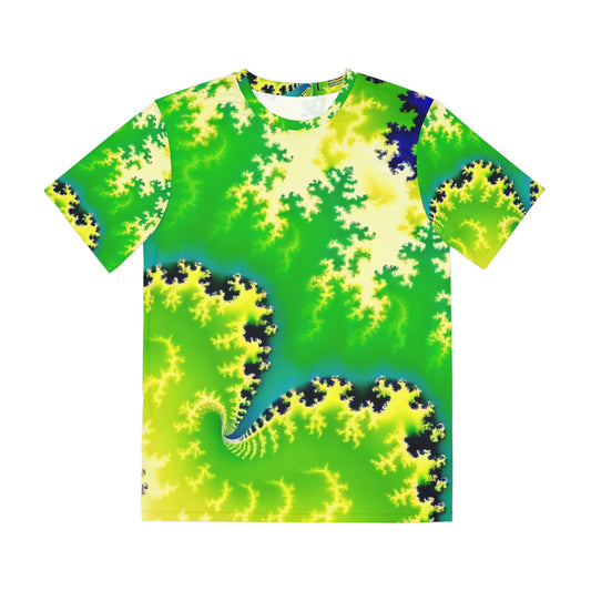 Front view of the Psychedelic Serpentine Fractal Fusion Crewneck Pullover All-Over Print Short-Sleeved Shirt green yellow blue black psychedelic pattern 