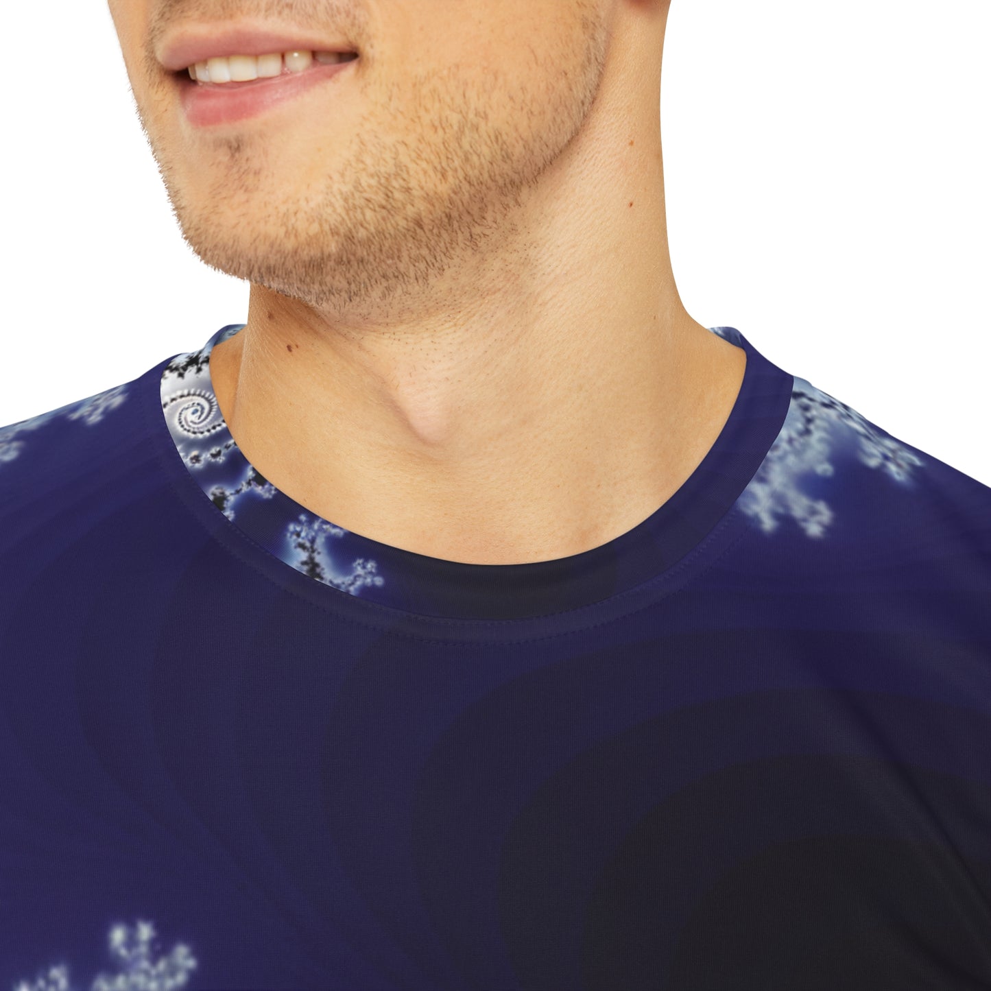 Close-up shot of the Celestial Fractal Elegance Crewneck Pullover All-Over Print Short-Sleeved Shirt purple black white fractal pattern worn by a white man
