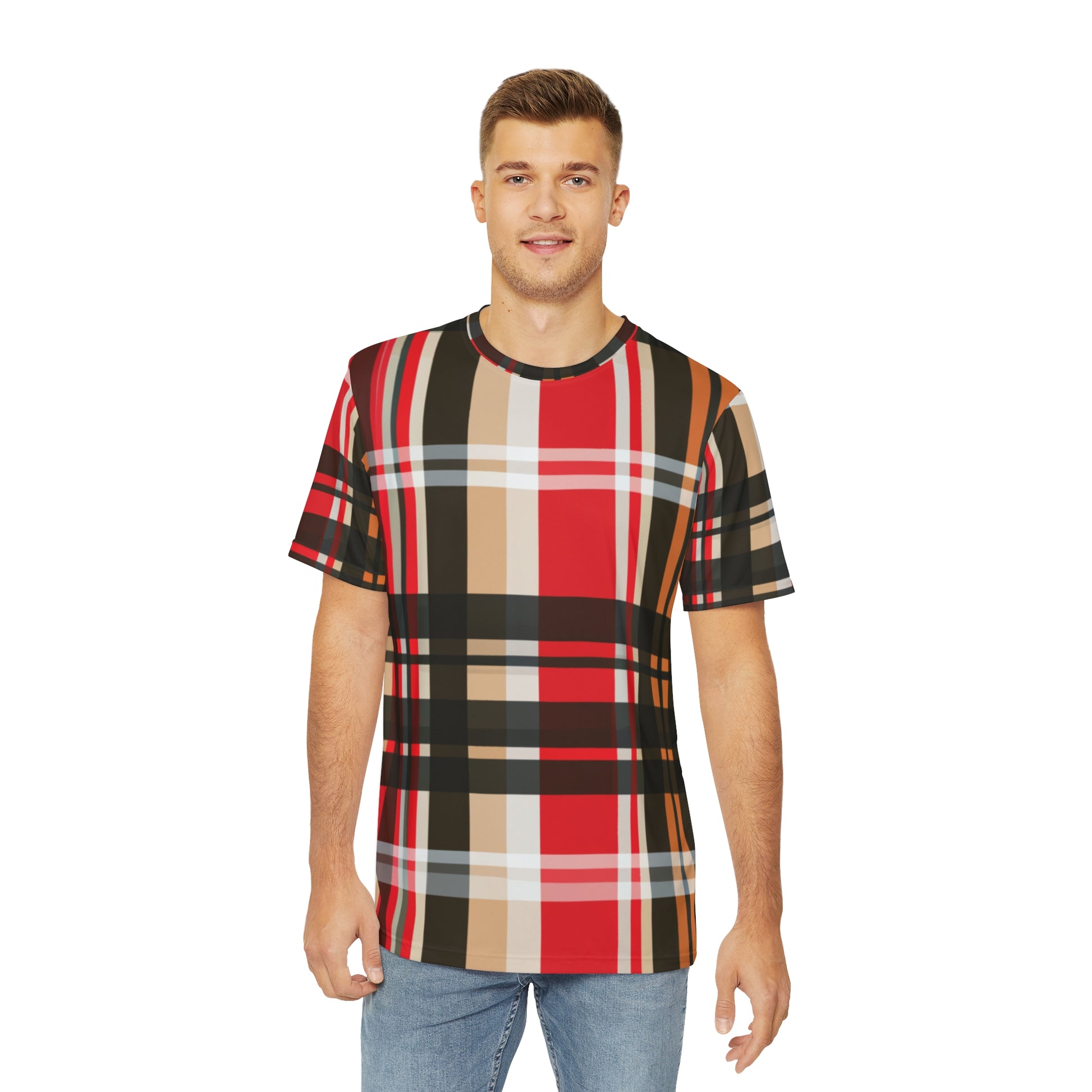 Front view of the Glasgow Plaid Crewneck Pullover All-Over Print Short-Sleeved Shirt red black white yellow mustard plaid pattern paired with casual denim jeans worn by a white male