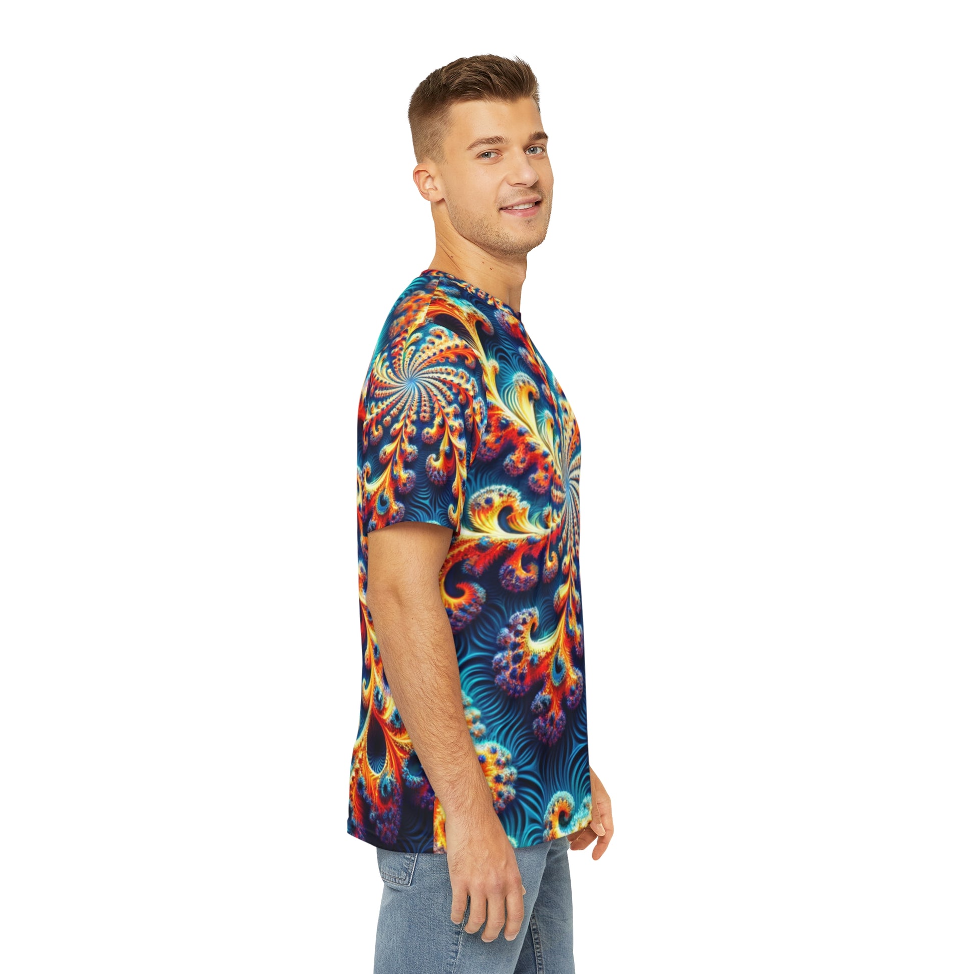 Back view of the Iridescent Nautilus Swirls Crewneck Pullover All-Over Print Short-Sleeved Shirt blue red yellow orange green swirl pattern paired with casual denim pants worn by a white man