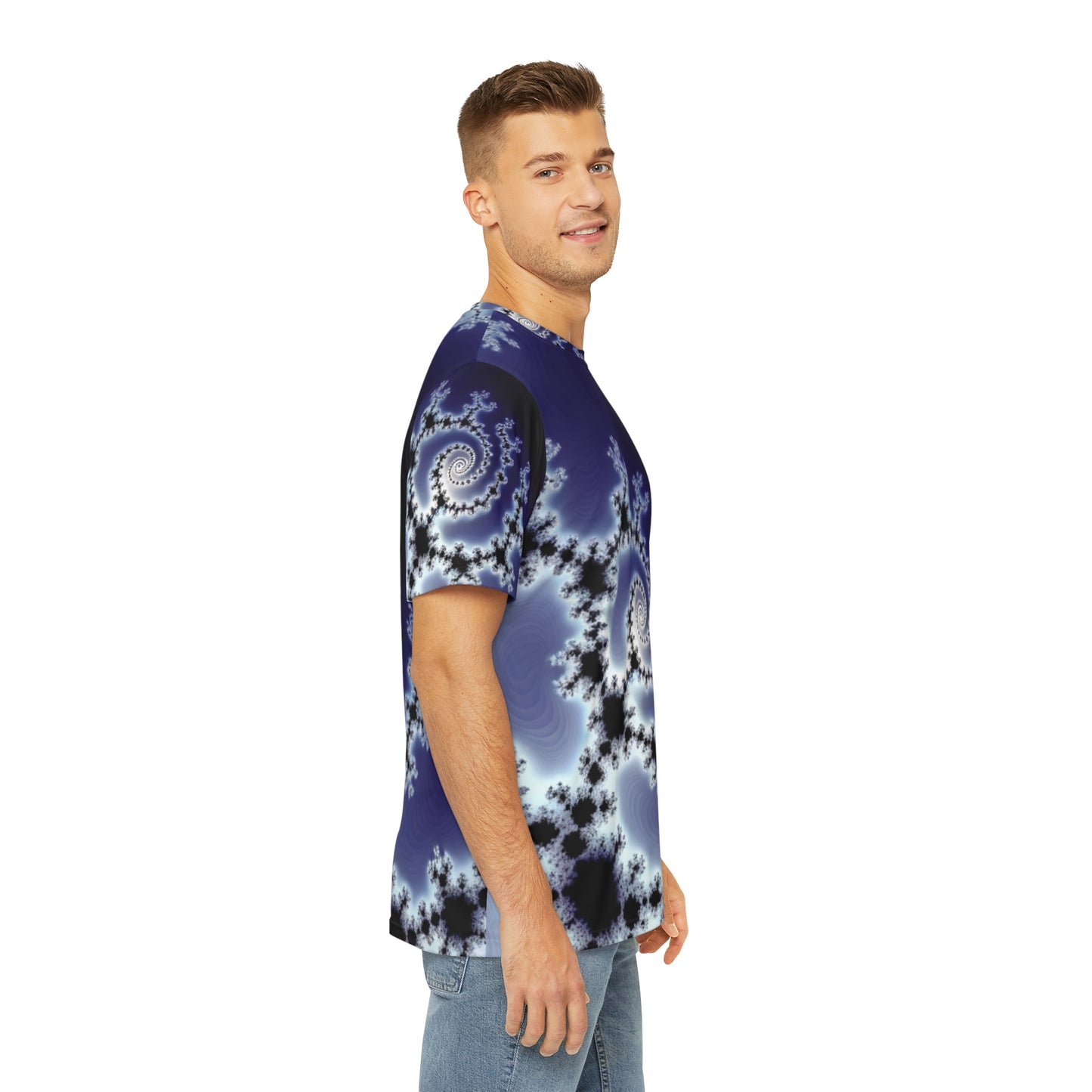 Side view of the Celestial Fractal Elegance Crewneck Pullover All-Over Print Short-Sleeved Shirt purple black white fractal pattern paired with casual denim pants worn by a white man