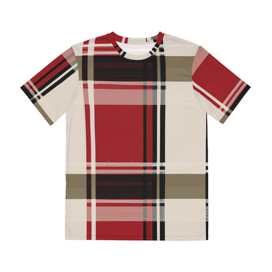 front view of Silver Thistle Tartan Crewneck Pullover All-Over Print Short-Sleeved Shirt red black white beige plaid pattern 