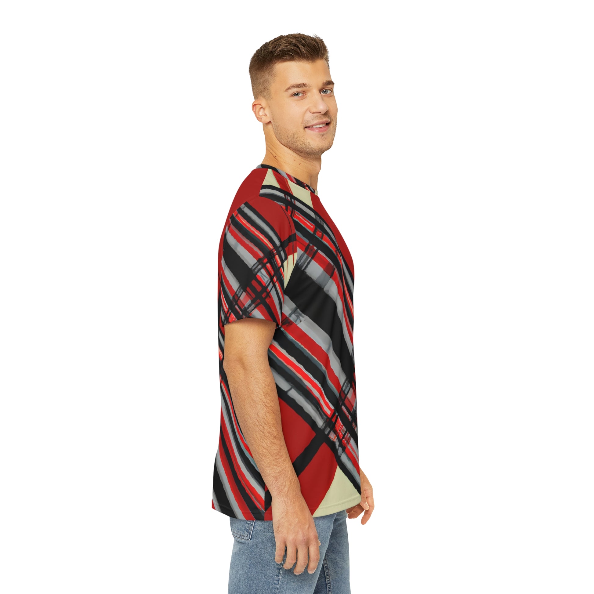 Side view of the Highland Lancer Veil Crewneck Pullover All-Over Print Short-Sleeved Shirt red black gray beige plaid pattern paired with casual denim pants worn by a white man