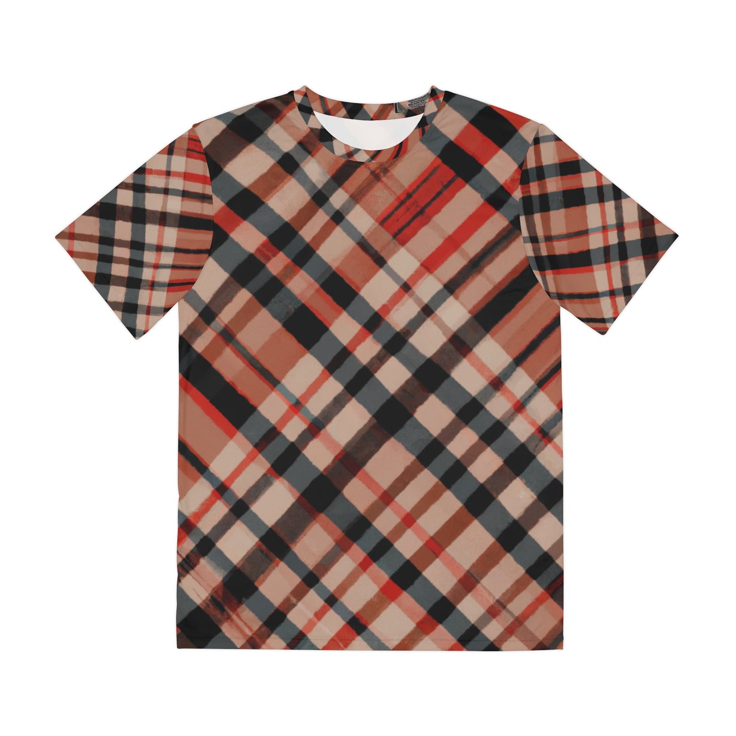 Front view Highland Ember Clash Crewneck Pullover All-Over Print Short-Sleeved Shirt red black beige brown plaid pattern 