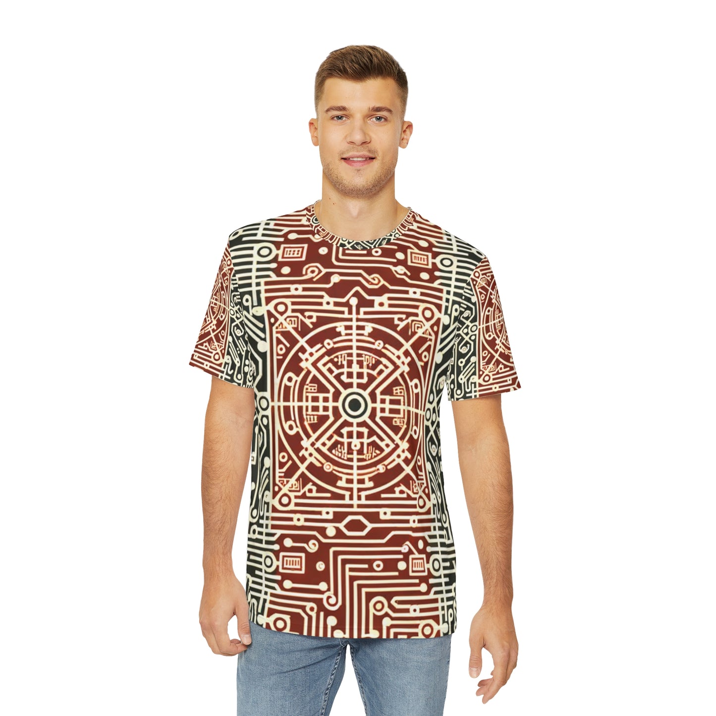 Front view of the Circuitry Symphony in Sepia Crewneck Pullover All-Over Print Short-Sleeved Shirt red gray sepia circuit print pattern paired with casual denim pants worn by a white man