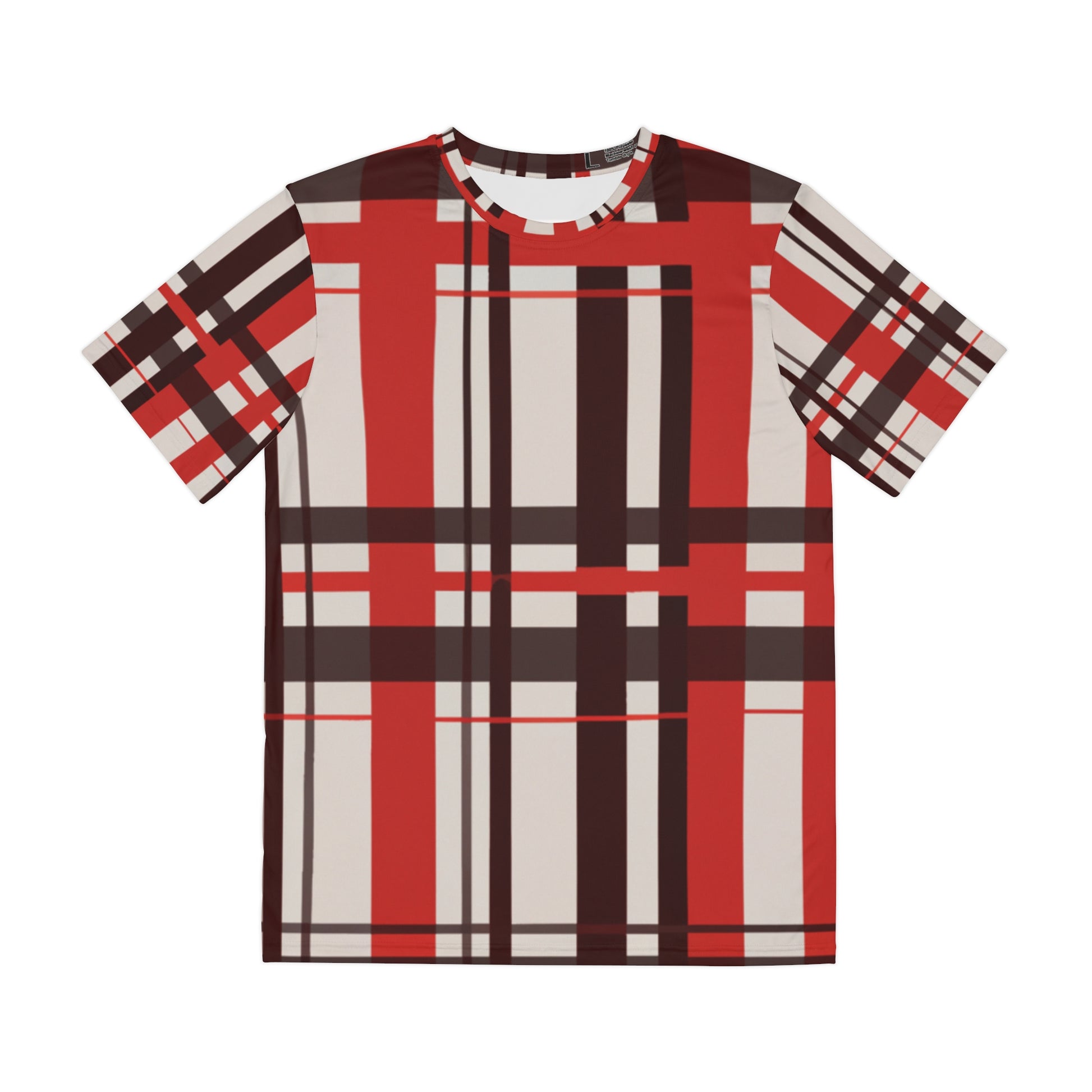 Front view of the Highland Ember Dawn Tartan Crewneck Pullover All-Over Print Short-Sleeved Shirt black red white plaid pattern 
