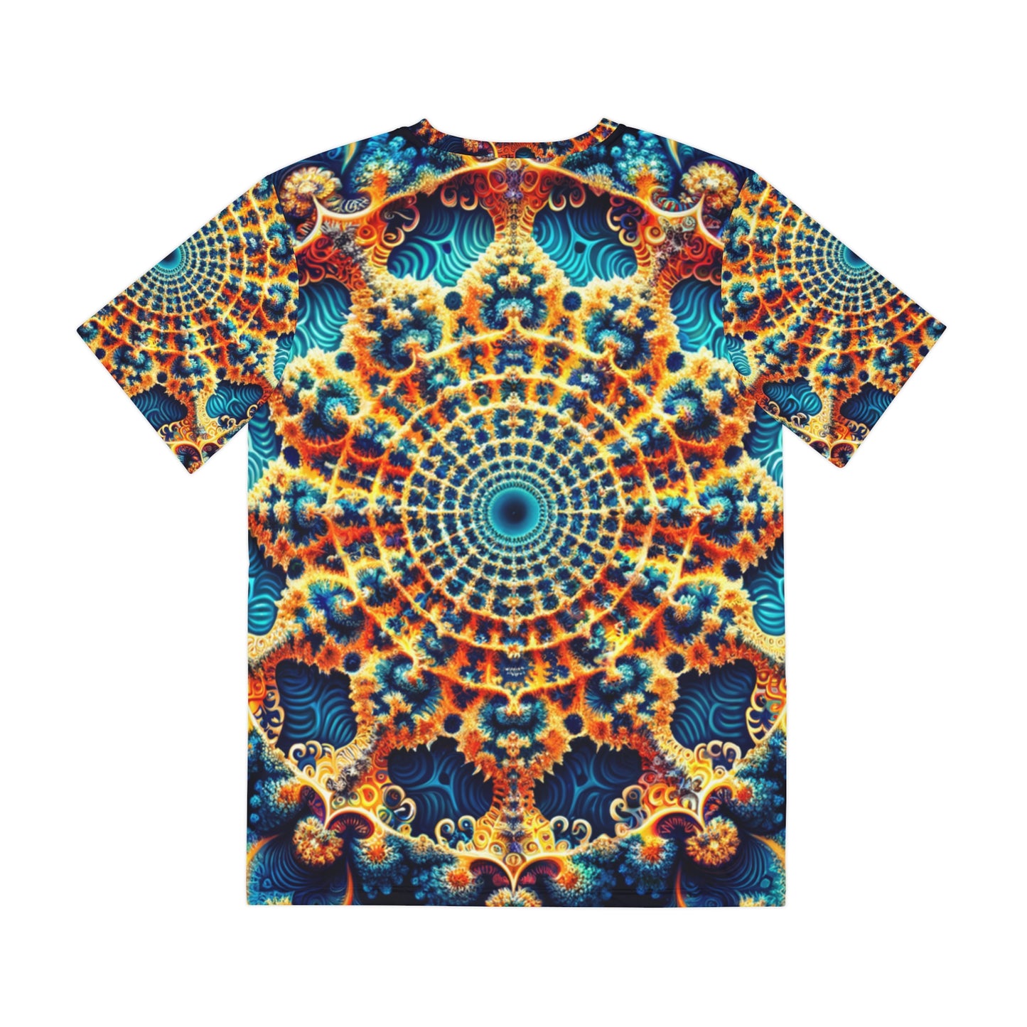 Back view of the Azurite Mandala Bloom Crewneck Pullover All-Over Print Short-Sleeved Shirt blue yellow red white mandala pattern