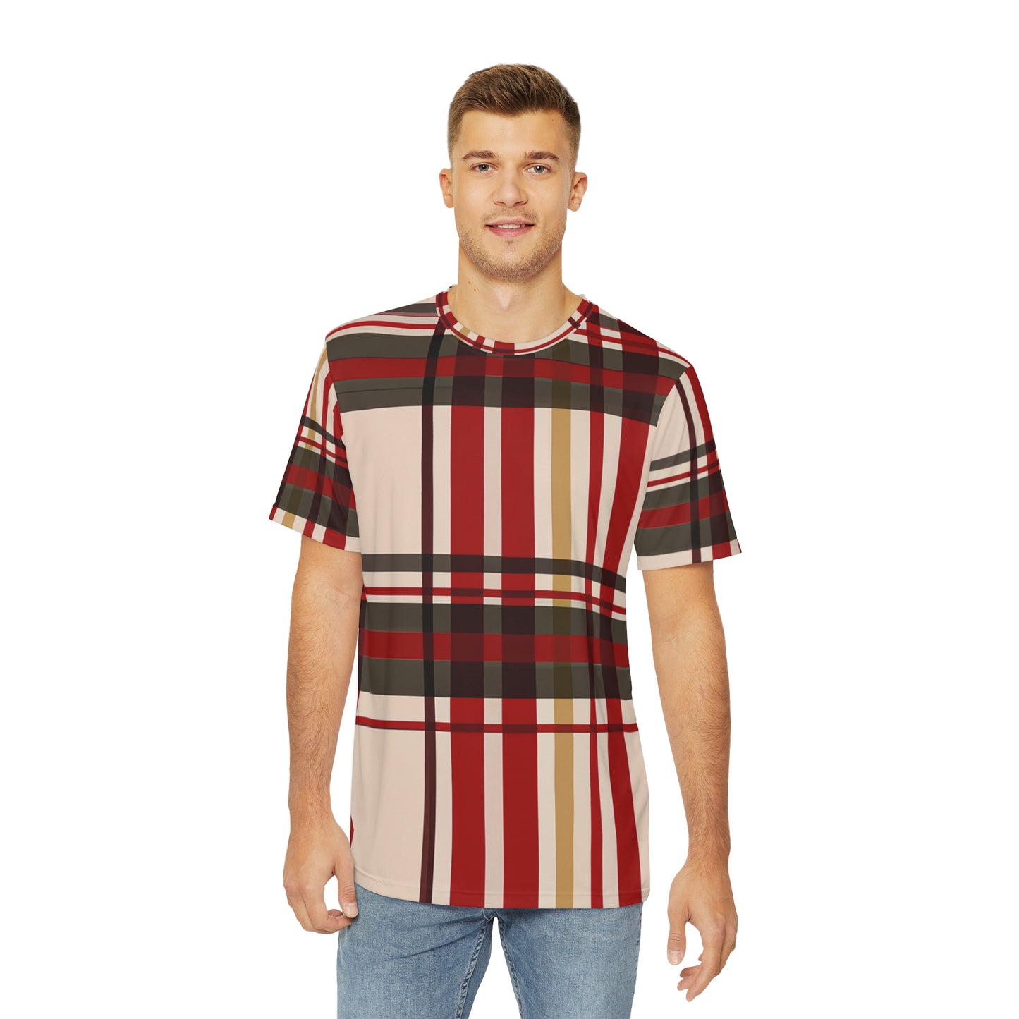 Front view of the Highland Ebony Ember Tartan Crewneck Pullover All-Over Print Short-Sleeved Shirt white black yellow plaid pattern paired with casual denim pants worn by a white man