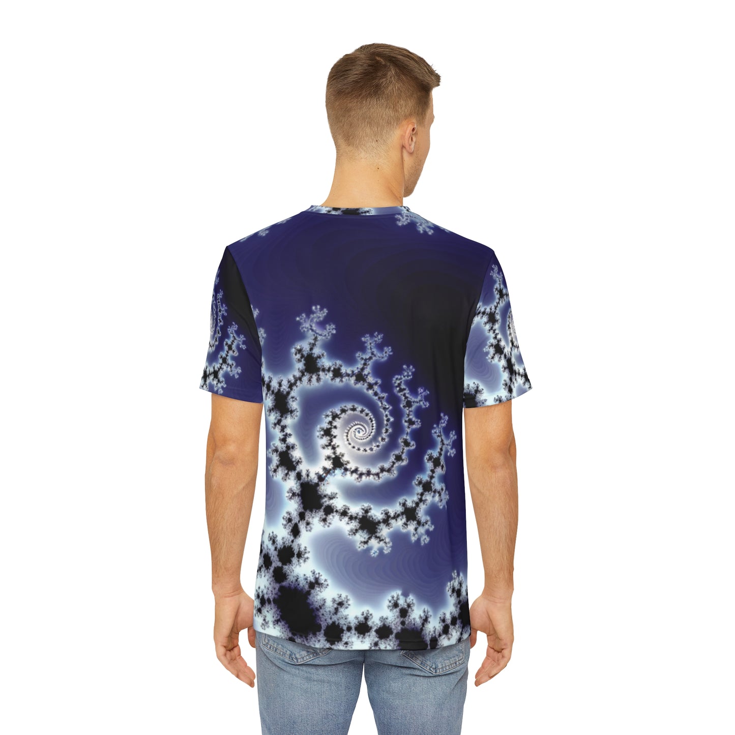 Back view of the Celestial Fractal Elegance Crewneck Pullover All-Over Print Short-Sleeved Shirt purple black white fractal pattern paired with casual denim pants worn by a white man