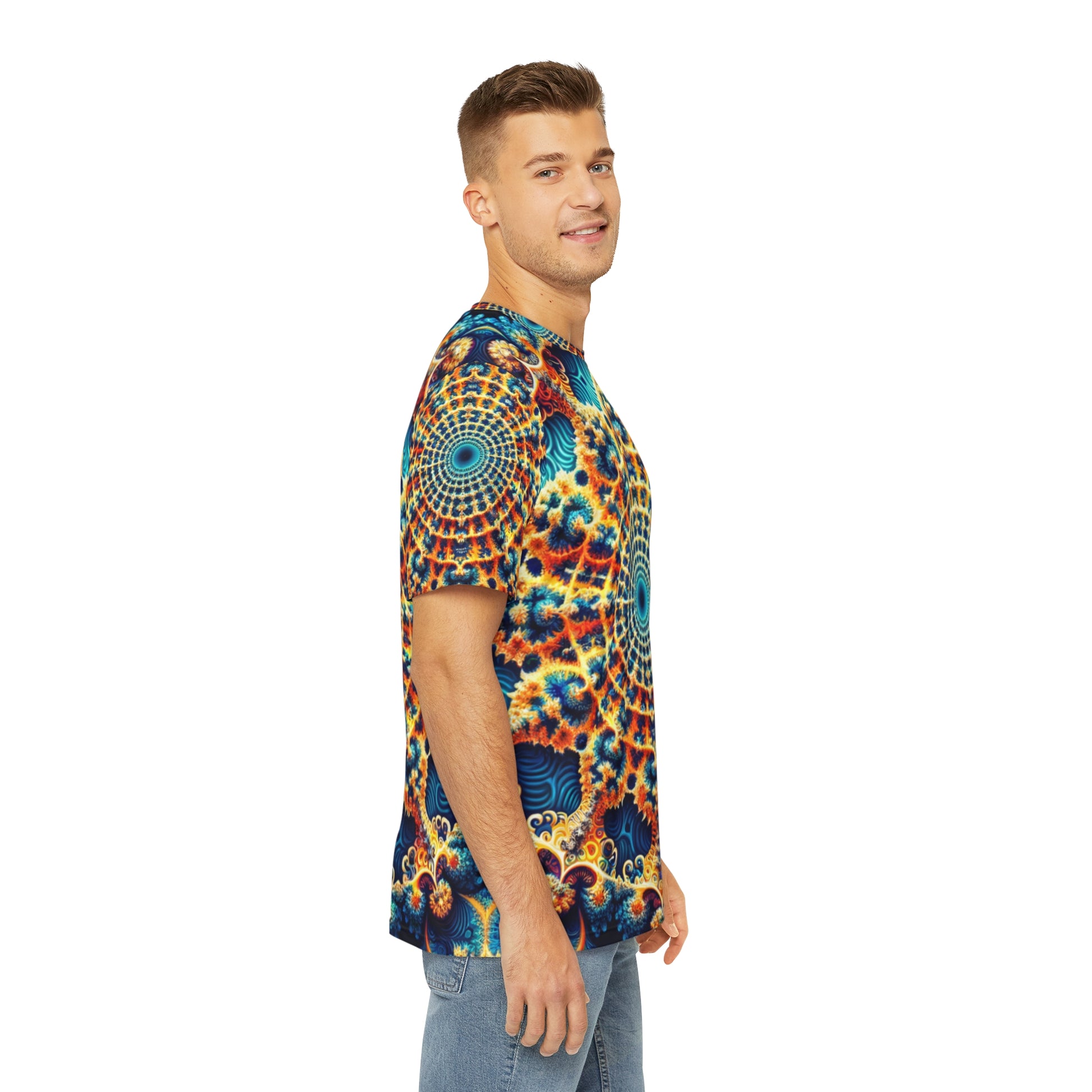 Side view of the Azurite Mandala Bloom Crewneck Pullover All-Over Print Short-Sleeved Shirt blue yellow red white mandala pattern paired with casual denim pants worn by a white man