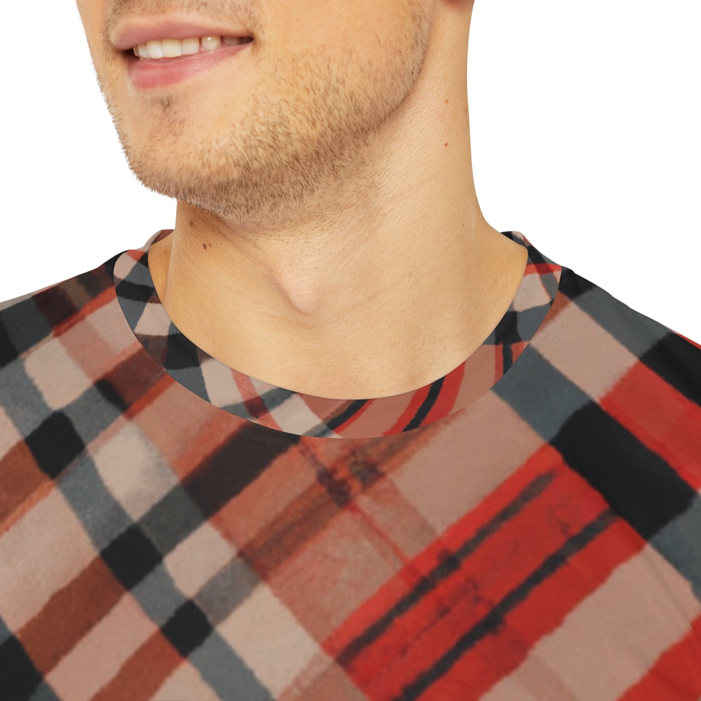 Close-up shot of the Highland Ember Clash Crewneck Pullover All-Over Print Short-Sleeved Shirt red black beige brown plaid pattern worn by a white man