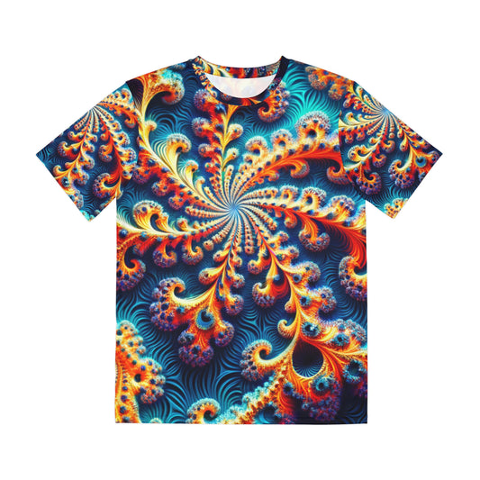 Front view of the Iridescent Nautilus Swirls Crewneck Pullover All-Over Print Short-Sleeved Shirt blue red yellow orange green swirl pattern