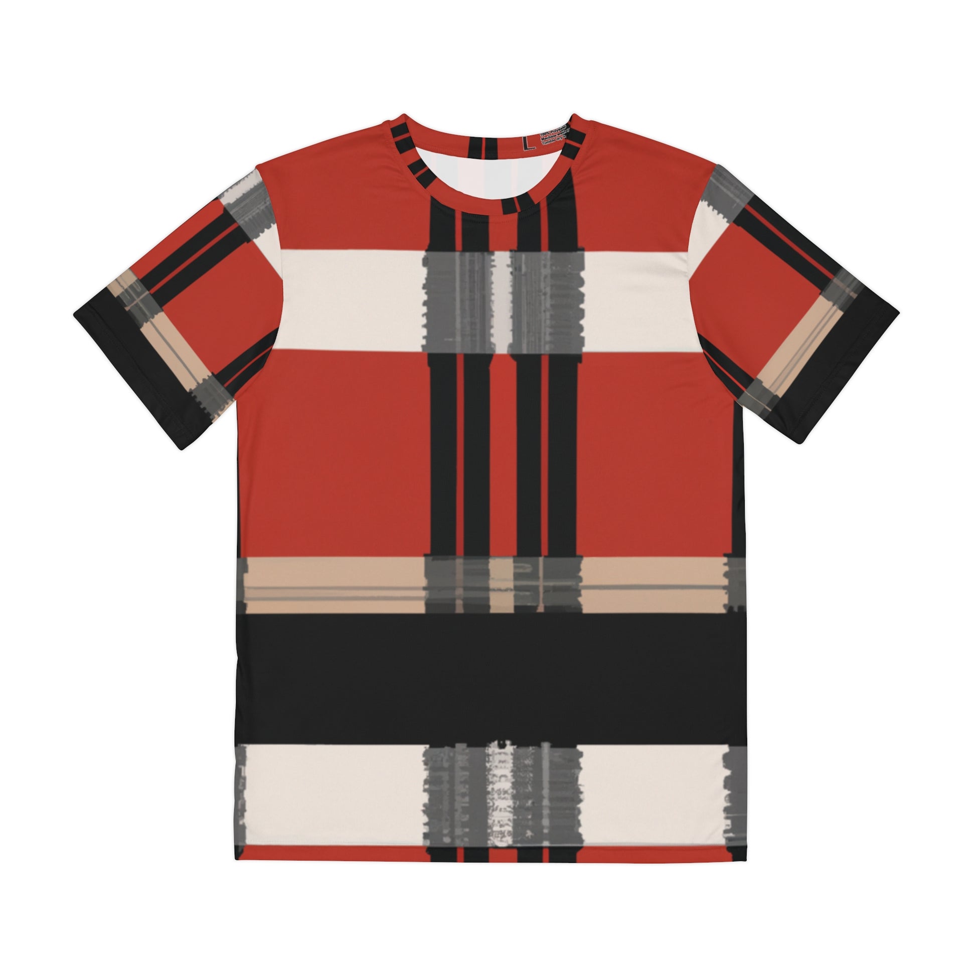 Front view of the Highland Cardinal Alba Tartan Crewneck Pullover All-Over Print Short-Sleeved Shirt red black beige plaid pattern 