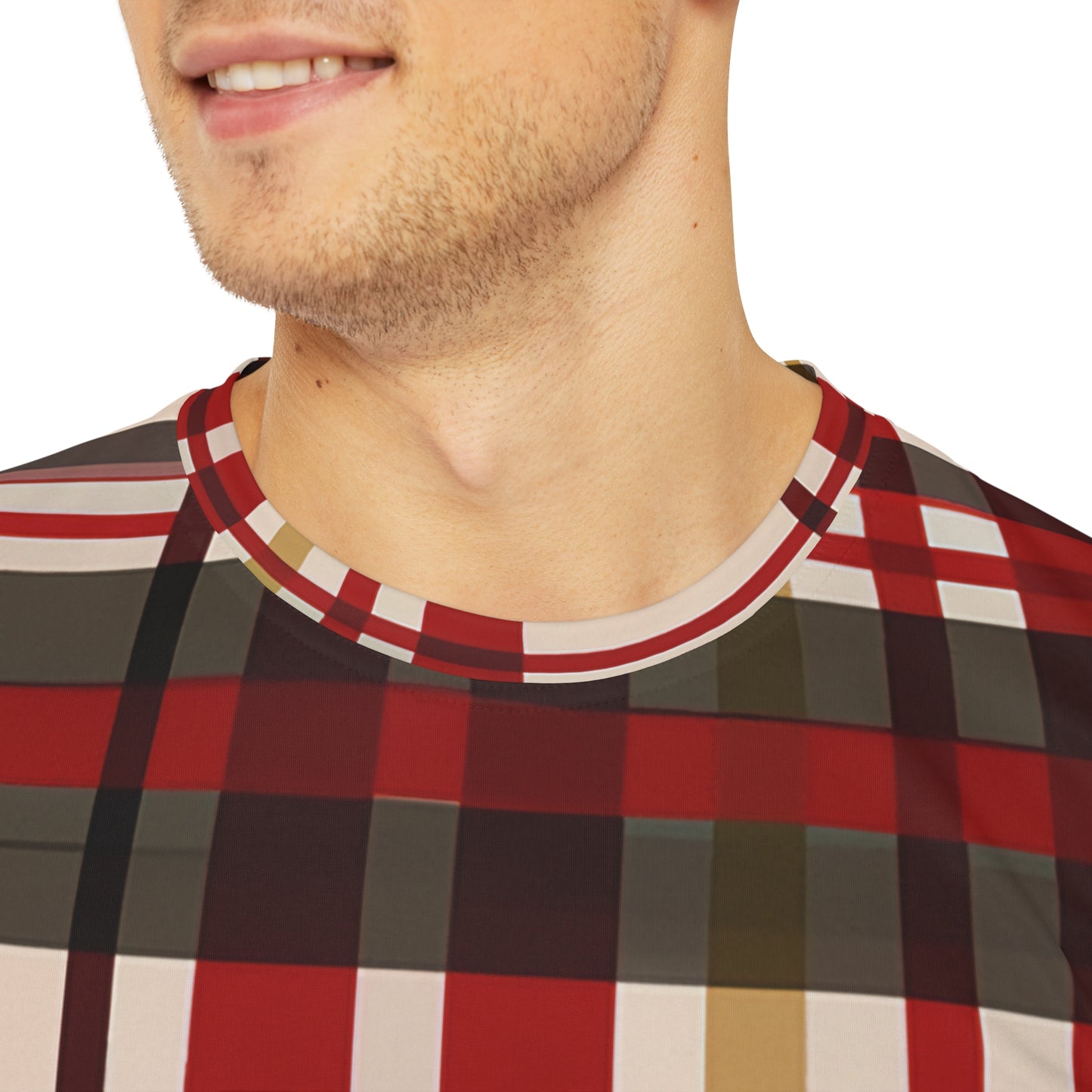 Close-up shot of the Highland Ebony Ember Tartan Crewneck Pullover All-Over Print Short-Sleeved Shirt white black yellow plaid pattern worn by a white man