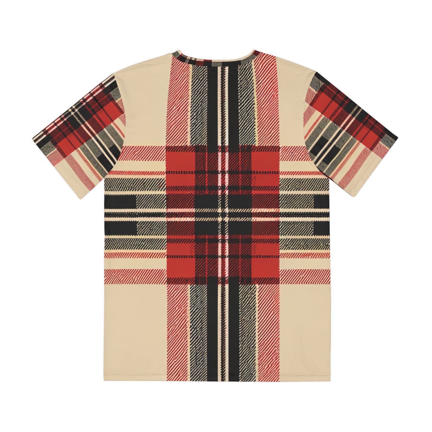 Back view of the Autumn Elegance Tartan Crewneck Pullover All-Over Print Short-Sleeved Shirt red black and beige background plaid pattern