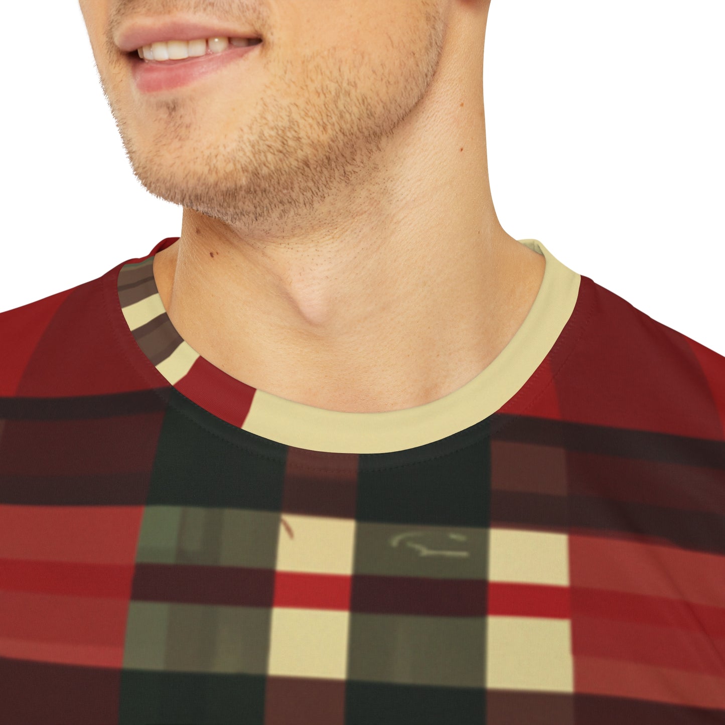 Close-up shot of the Highland Ember Pixels Crewneck Pullover All-Over Print Short-Sleeved Shirt black red beige plaid pattern worn by a white man