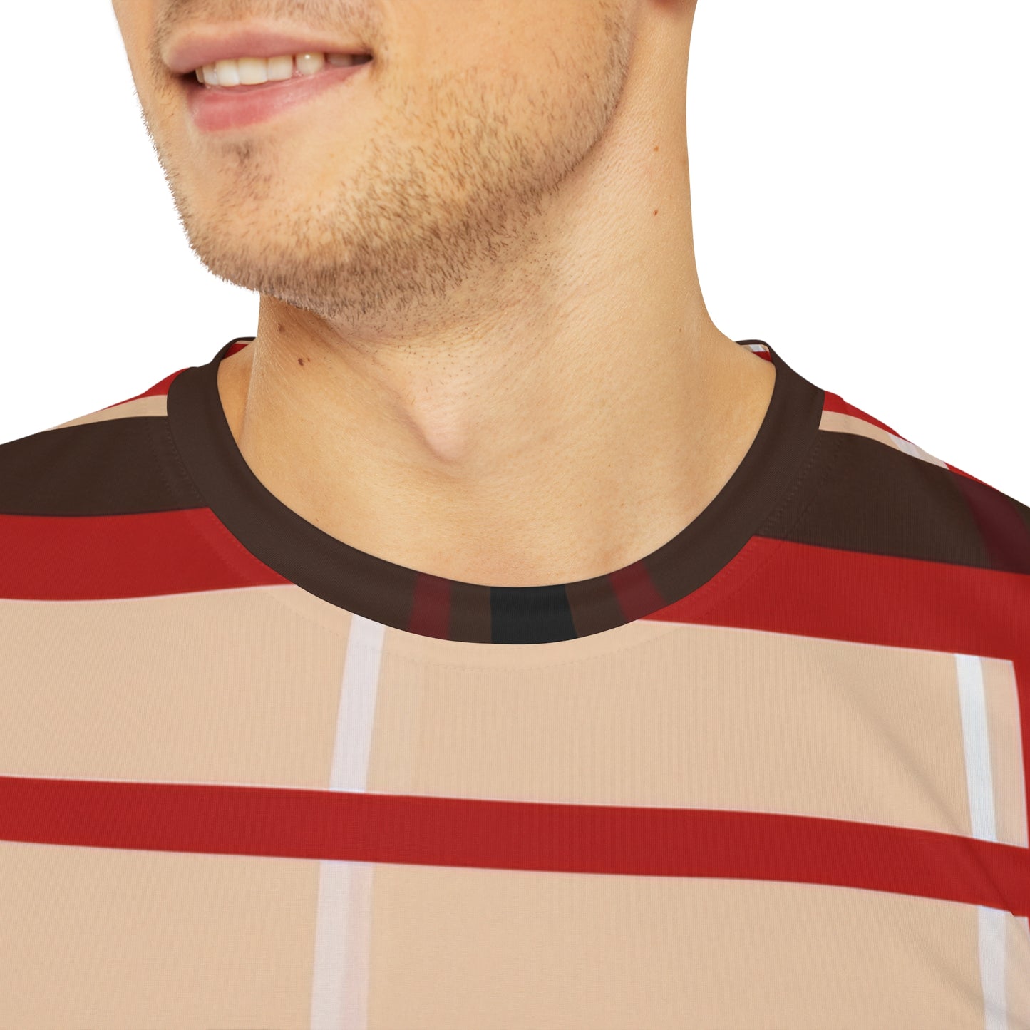 MacGregor Scottish Tartan Design Pullover All-Over Print Short-Sleeved Shirt red black beige and white Scottish plaid pattern worn by a white man close-up shot to show print details