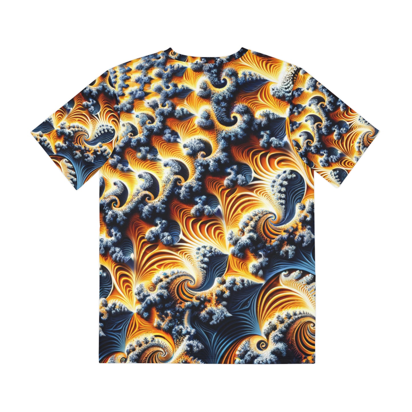 Back view of the Celestial Spirals & Waves Crewneck Pullover All-Over Print Short-Sleeved Shirt yellow blue black white orange celestial pattern