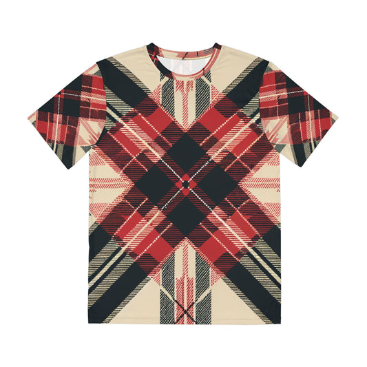 Front view of the Autumn Elegance Crosshatch Tartan Plaid Crewneck Pullover All-Over Print Short-Sleeved Shirt black beige red plaid pattern 