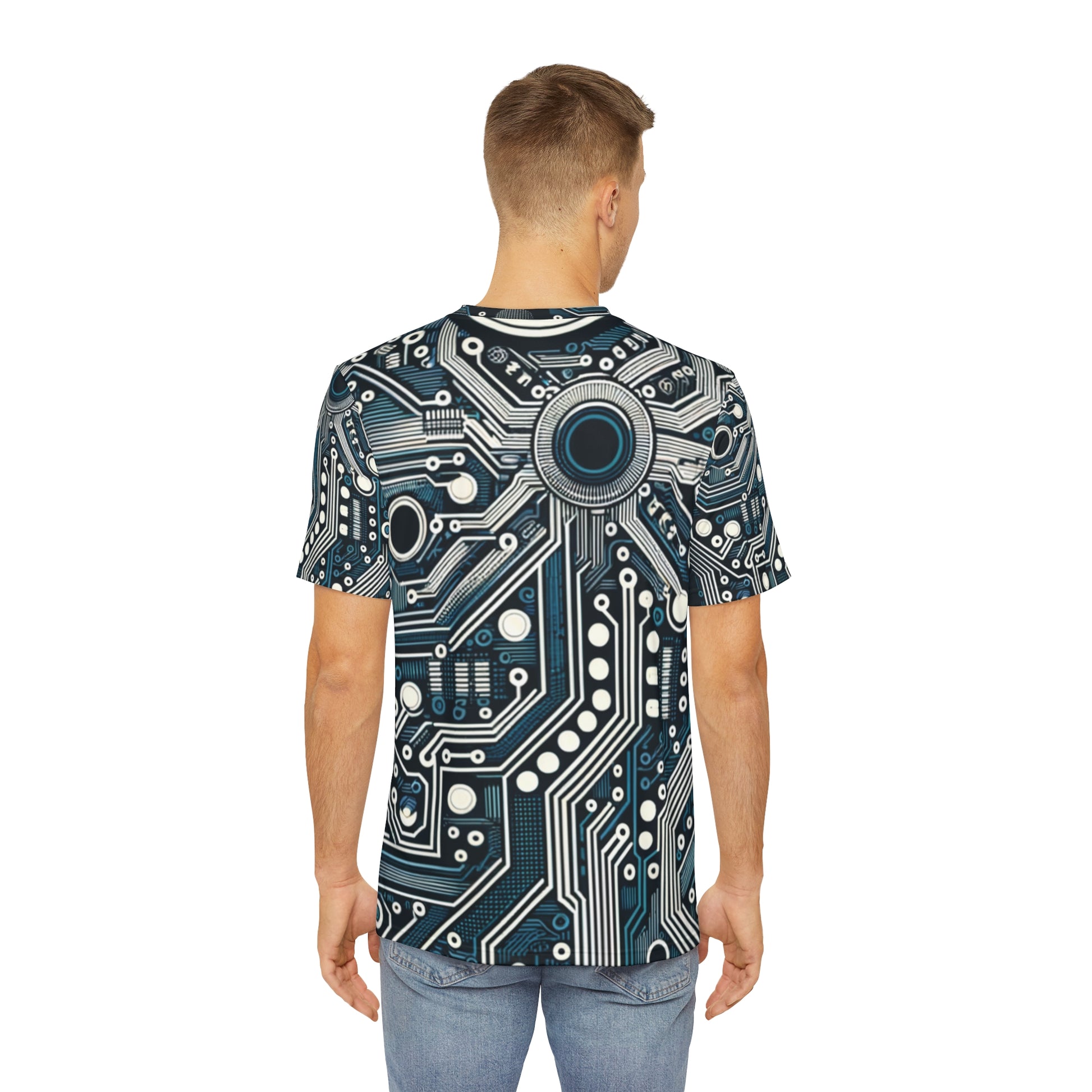 Back view of the Circuit Board Symphony Blue Crewneck Pullover All-Over Print Short-Sleeved Shirt blue black beige circuit pattern print paired with casual denim pants worn by a white man