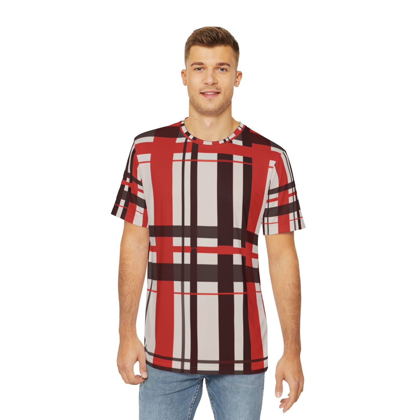 Front view of the Highland Ember Dawn Tartan Crewneck Pullover All-Over Print Short-Sleeved Shirt black red white plaid pattern paired with casual denim pants worn by a white man